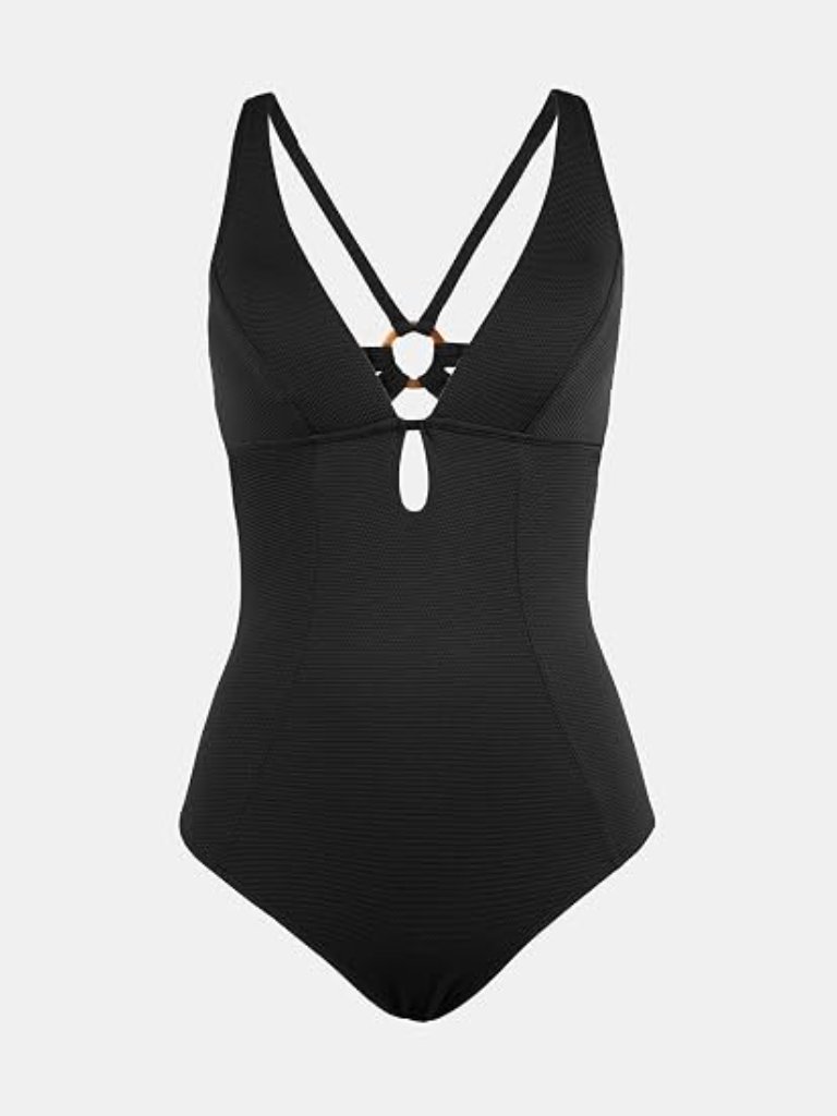 Cupshe One Piece Swimsuit Women M Blk Deep V Neck Keyhole Cutout O Ring Strappy